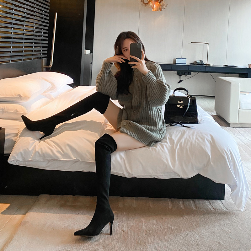 Black high-heeled boots women's over-the-knee stiletto pointed-toed boots do not fall off the tube 2022 new temperament slim high boots