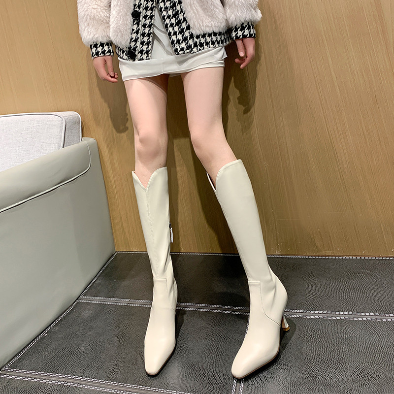 2021 new V-mouth boots women's high-heeled stiletto pointed-toed knight boots white high-tube autumn elastic western boots
