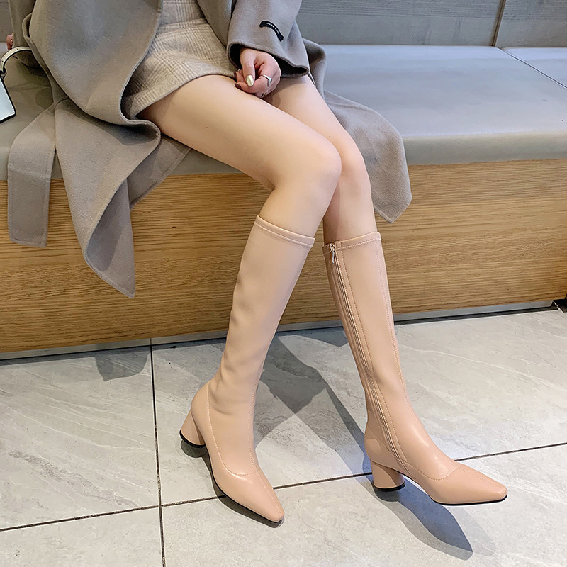 Elastic small fragrance winter thin boots thin section knight boots women's high tube spring and autumn new white pointed toe but knee boots