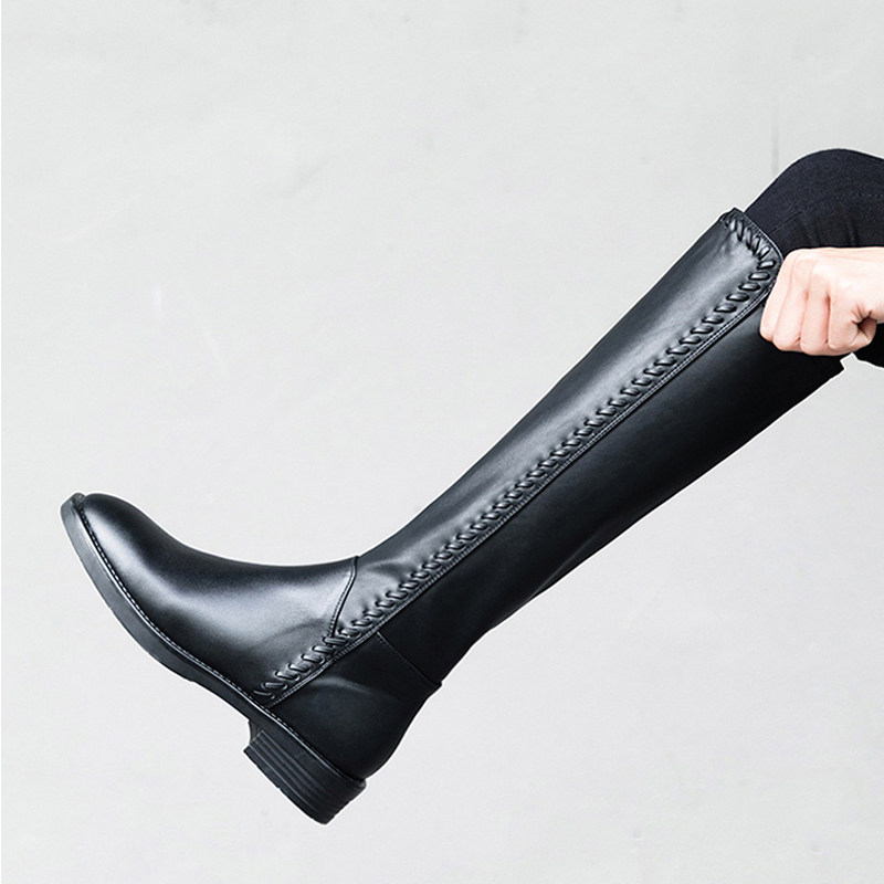 Cavalier boots women's autumn high boots fat mm leather thick legs flat bottom large tube around the knee leather boots