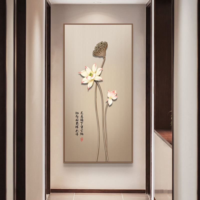 New Chinese-Style Lotus Decorative Painting for Entrance Hall, Corridor, and Hallway, Featuring Song Dynasty Aesthetics, Modern Light Luxury Vertical Wall Art