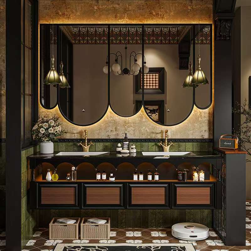 High-End French-Style Vintage Bathroom Cabinet Set with Double Basin Vanity, Integrated Rock Slab and Ceramic Sink