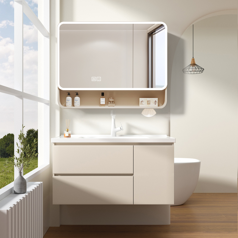 Cream-Colored Ultra-Narrow Bathroom Cabinet Set with Narrow Sides, 40cm Deep, Integrated Ceramic Basin, 45cm Wide