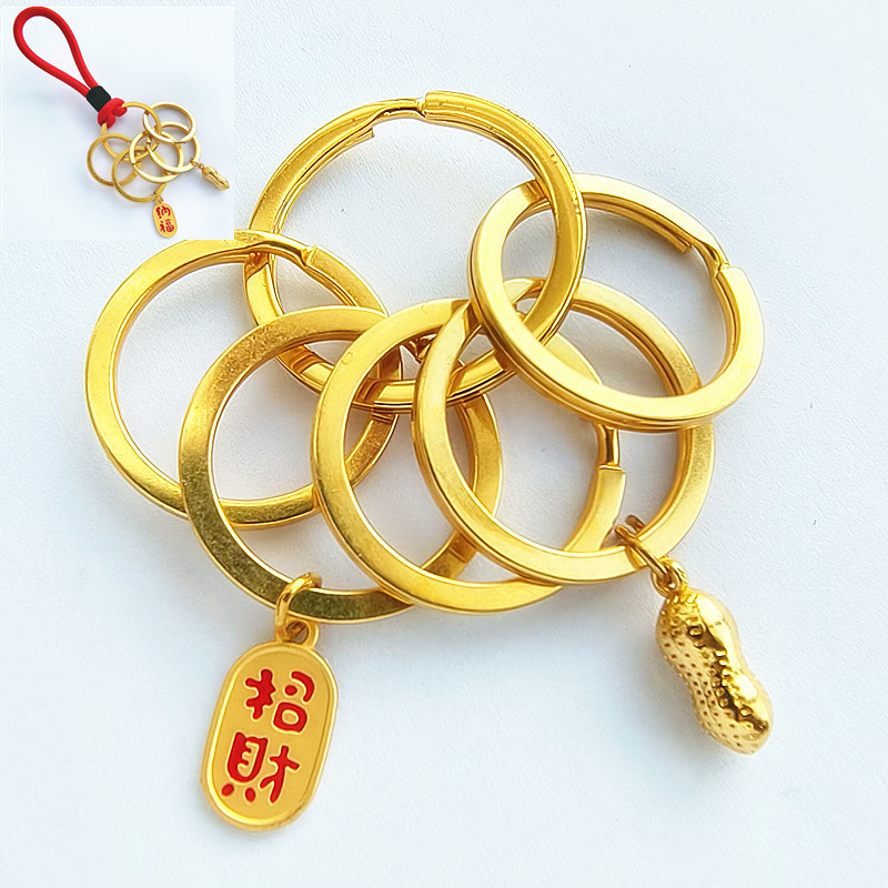 Golden Key Flat Ring Keychain Is Practical and Convenient for Storage, Zinc Alloy Key Ring with Multiple Rings and Red String Key Pendant