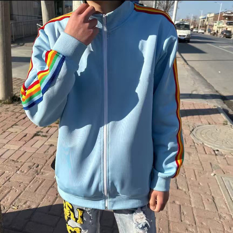 Striped Trendy Student Fashion Brand Spring and Autumn 2025 Same Style Angel Jacket Rainbow Unisex Sweatshirt Stand Collar Sports Jacket