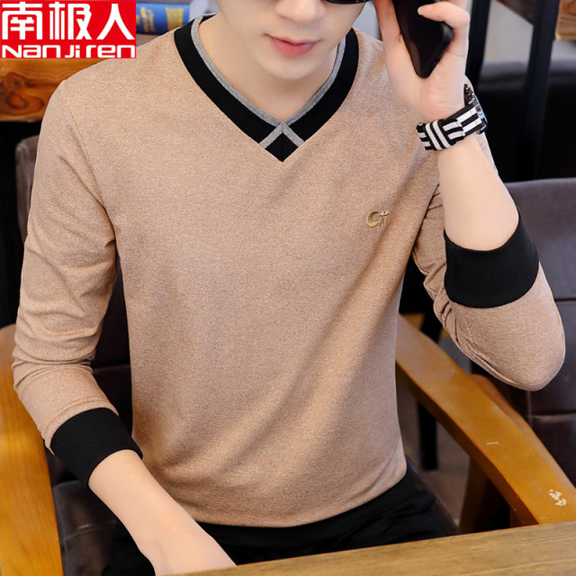 Nanjiren spring and summer thin section V-neck T-shirt sweater men's sweetheart collar slim-fit long-sleeved bottoming shirt men's tops men