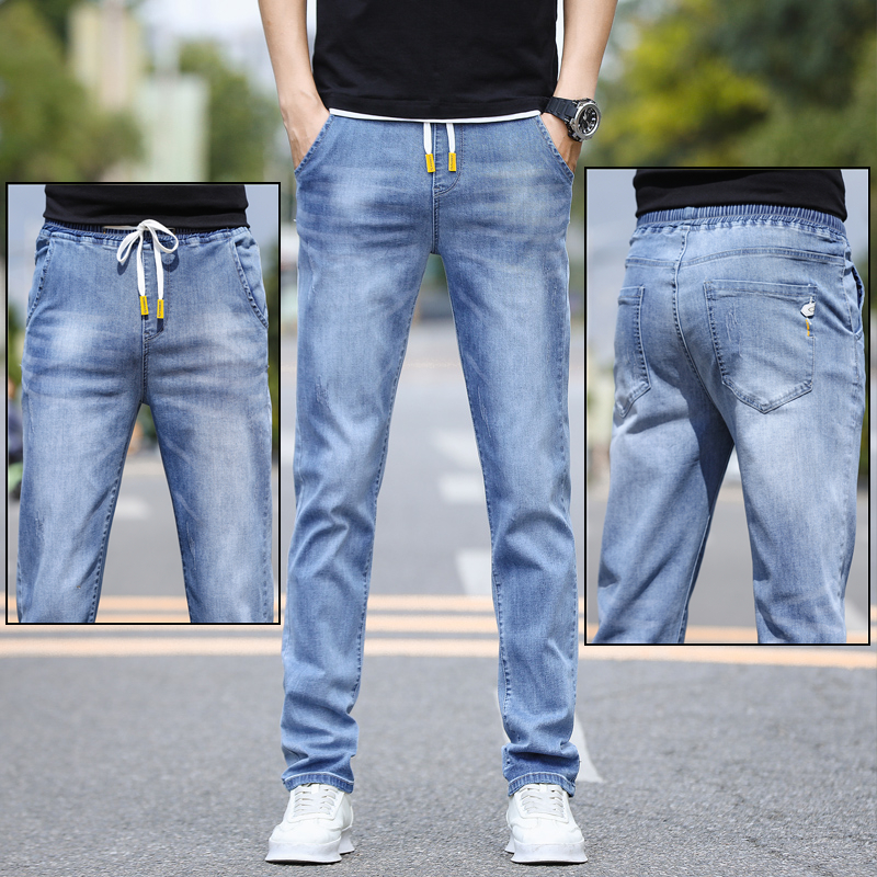 Summer new jeans men tightness waist and body small feet straight drum trendy Korean version casual 100 lap lace long pants