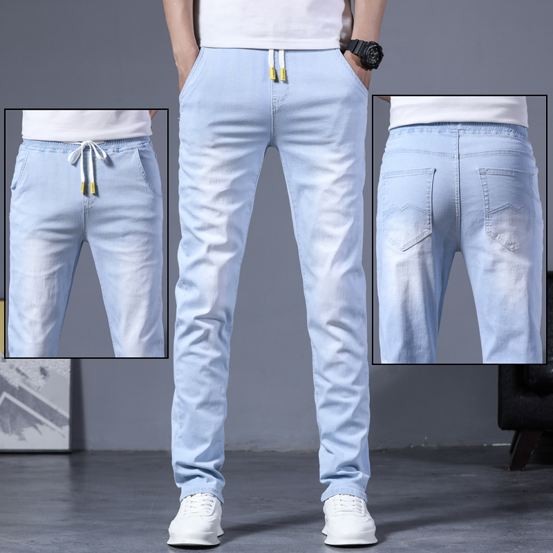 Summer new jeans Men's flex waist Supper body small feet Straight cylinder pants Men's Korean version Trend casual long pants