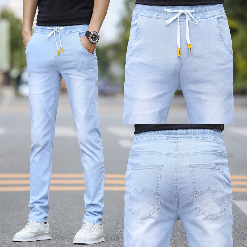 Spring and autumn new light-colored jeans men's elastic slim waist pants boys Korean version straight trousers