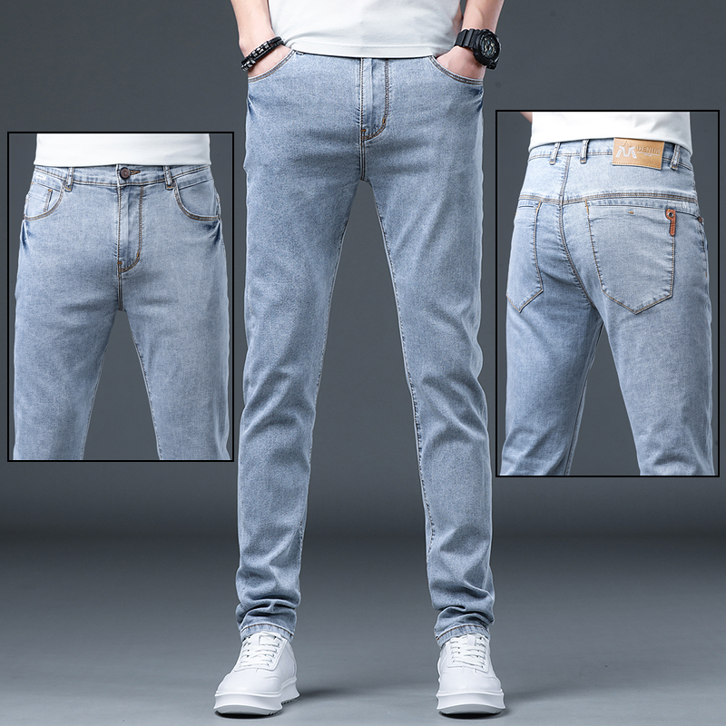 Summer slim fit jeans men light shades slim fit small feet elastic straight cylinder pants male Korean version Trend casual long pants