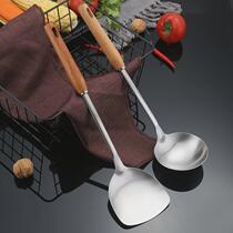 Stainless steel kitchenware spoon spatula wholesale household large spoon spatula set cooking spatula frying spoon long hole wooden handle