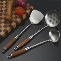 Household wooden handle round spatula soup spoon extended steel handle frying spoon stainless steel spoon chefs special cooking spatula