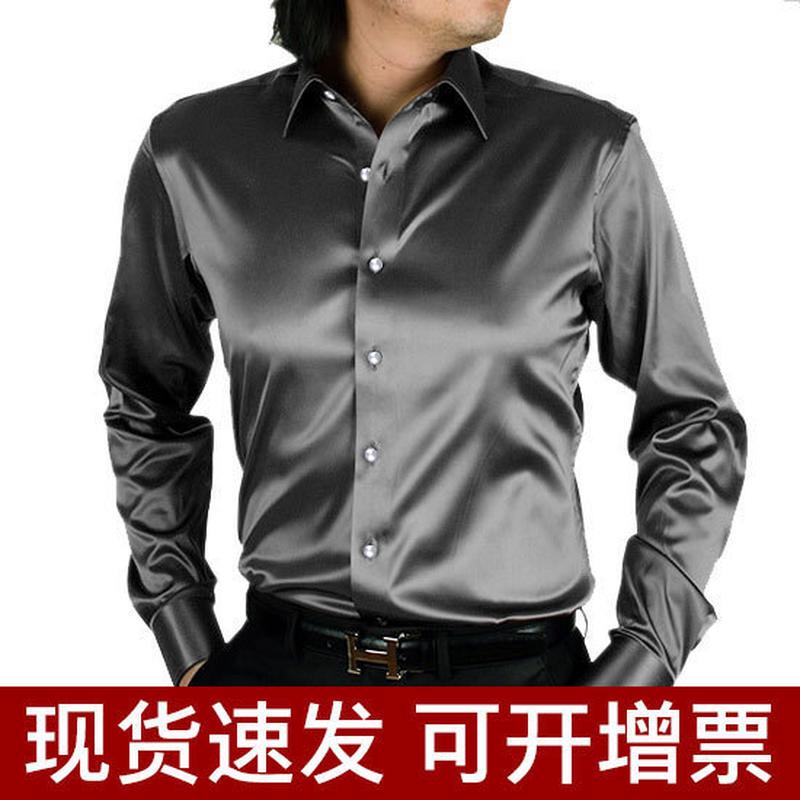 Solid Color Simulated Silk Silks and Satins Glossy Men's Shirt with Elastic Long Sleeves, Popular Cross-Border Slim and Loose Fit