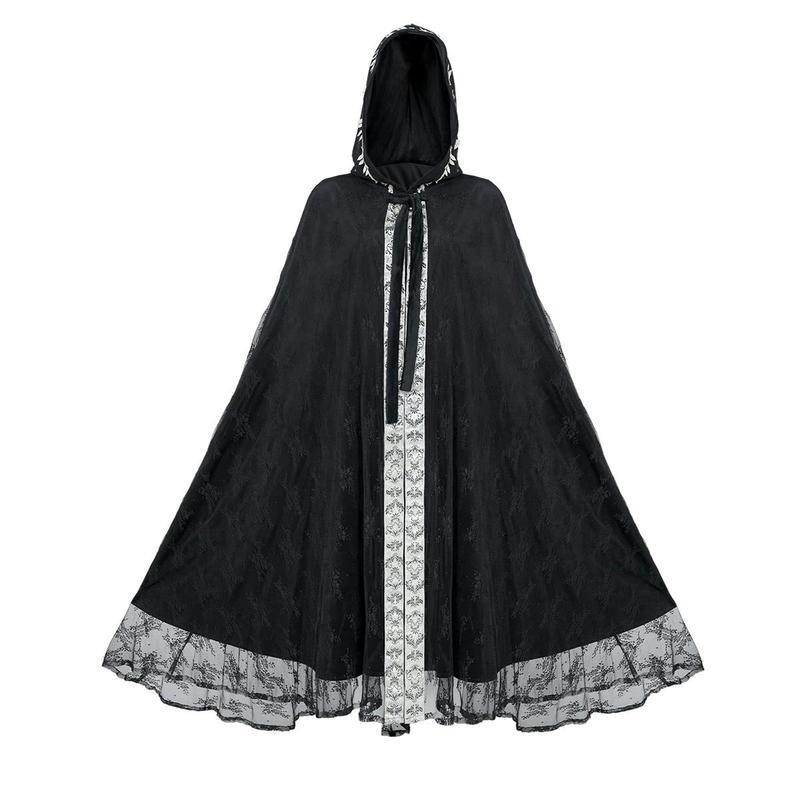 Medieval Retro Cape for Women, Hooded Large Shawl with Lace Trim, Black Cloak for Stage Play Cosplay Performance