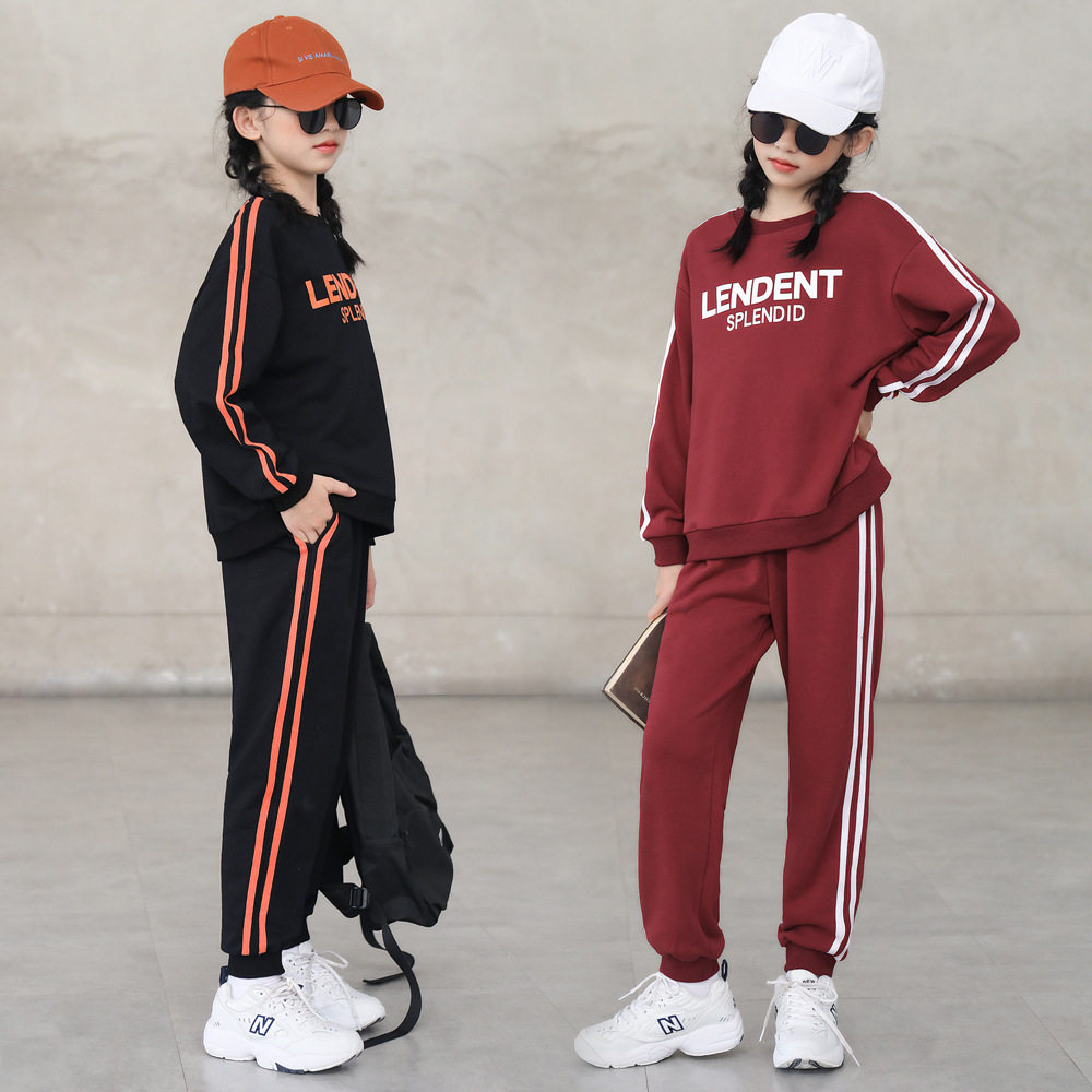 South Korea 2021 Autumn Winter Girls thick T-shirt suit Loose Stripes Casual Students Sports Long Sleeves Pants Two Sets