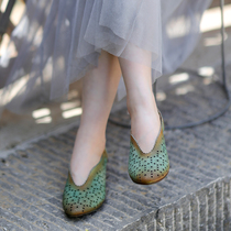 Detoxification home Xiuwaihuizhong Comfortable cowhide hollow slip-on sandals womens low mid-heel leather retro womens shoes summer