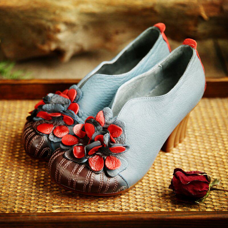 Detox home a shoe poured heart ethnic style shallow mouth flower leather chunky heel single shoe spring and summer leather antique high heels