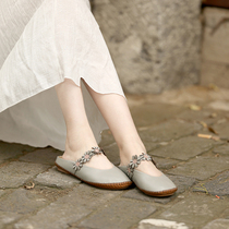 Detox Home Fantastic Life Sheepskin Baotou Soft Bottom Sandals and Slippers Outer Flat Leather Half Slippers Womens Summer