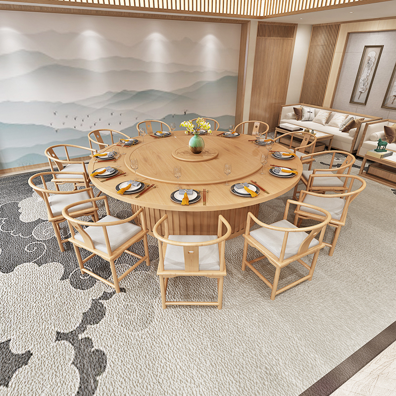 Hotel Electric Dining Table Big Round Table New Chinese Solid Wood Clubhouse Hotel Bag Box Dining Table And Chairs Original Wood Color Furniture Custom-Taobao