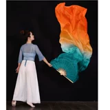 Шелковый веер для танцев, двусторонний, двухцветный, длинный плавающий классический танец Цзяочжоу Янко, реквизит для танцевального выступления, зеленый и оранжевый длинный шелковый веер