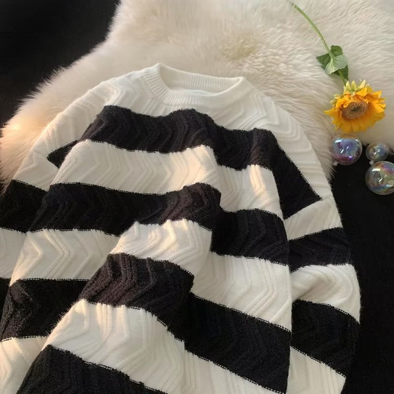 Striped Retro Couple Sweater for Men and Women, Autumn and Winter Design, Niche Knitwear, Trendy Brand, Thickened Loose Knit Sweater