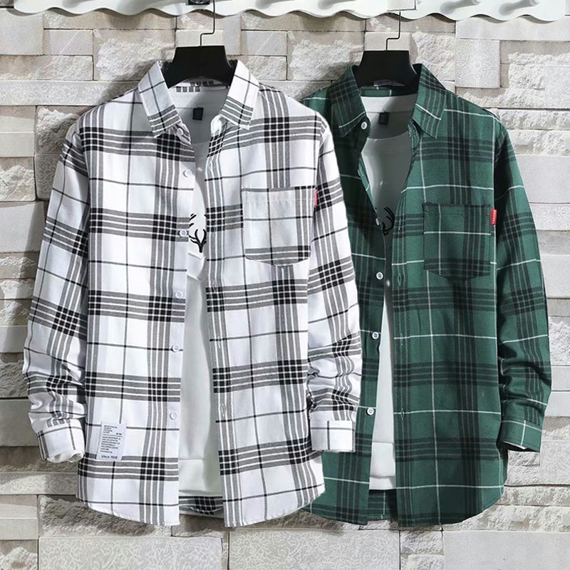 Men's Long-Sleeved Plaid Shirt, Loose Fit, Versatile, Large Size, Thin Style, Hong Kong Style Jacket, Suitable for Spring and Autumn