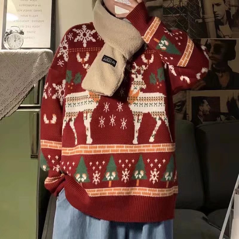 Christmas Sweater for Men, Winter Reindeer Trendy Warm Knitwear, ins Hong Kong Style Loose Trendy Couple's Knitwear Christmas Sweater for Men, Winter Reindeer Trendy Warm Knitwear, ins Hong Kong Style Loose Trendy Couple's Knitwear