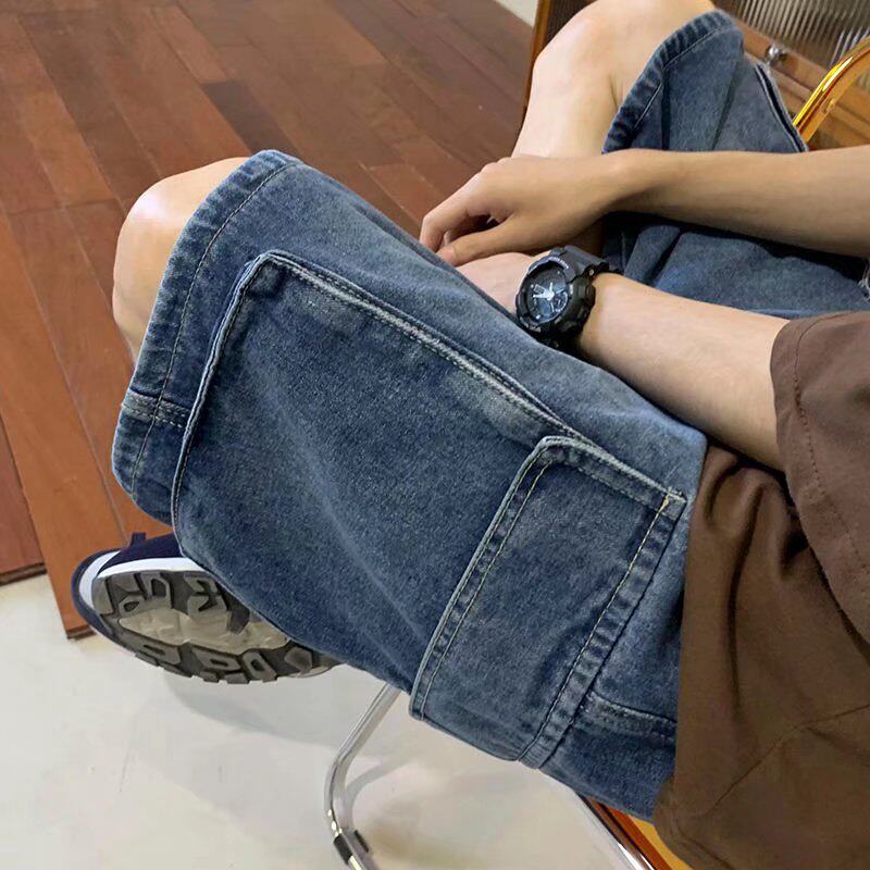 Japanese-Style Heavy-Duty Pure Cotton Workwear Denim Shorts for Men, American Retro Functional Style with Three-Dimensional Side Pockets, Five-Point Shorts