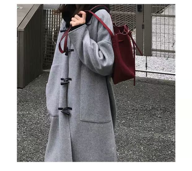 Mùa thu và mùa đông nặng hai màu ve áo sừng khóa đại học gió hai mặt cashmere áo yến mạch màu xám áo khoác ny