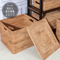Rectangular rattan storage basket with lid cloth lining Real rattan basket cabinet cover basket with lid Vietnamese rattan basket