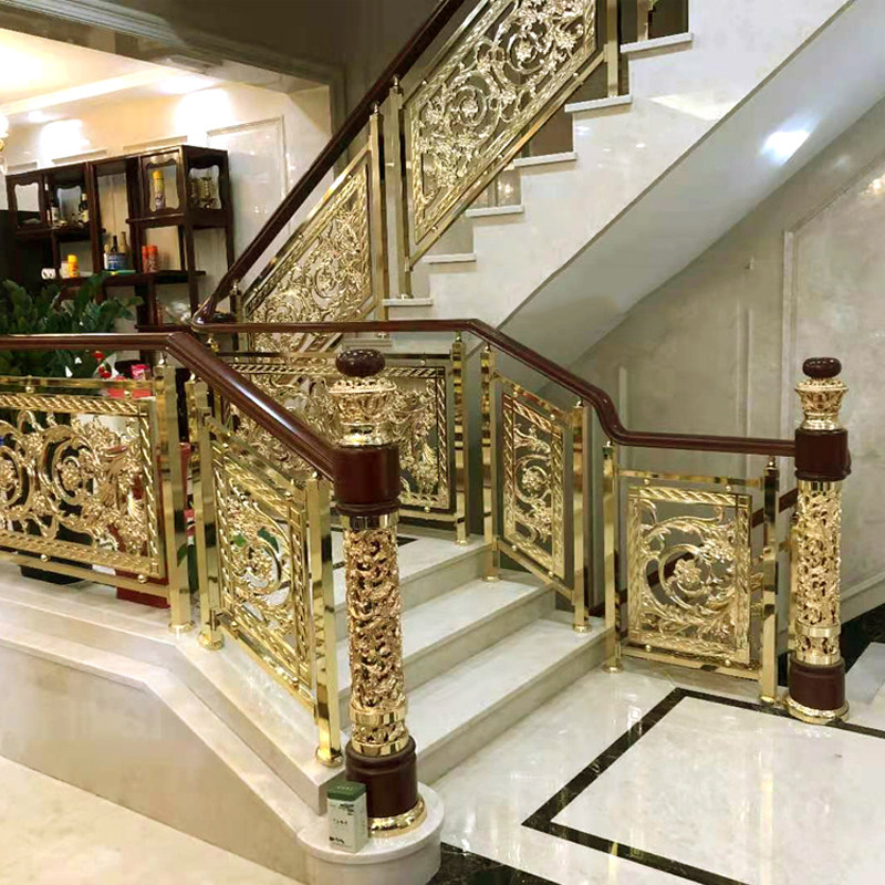 European-style villa gold-plated aluminum railing hotel indoor balcony curved guardrail retro imitation copper aluminum alloy handrail