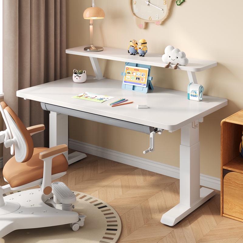 Adjustable Height Children's Study Desk with Manual Crank, Solid Wood Desk for Students, Home Use Large White Desk with Bookshelf and Drawer Writing Desk