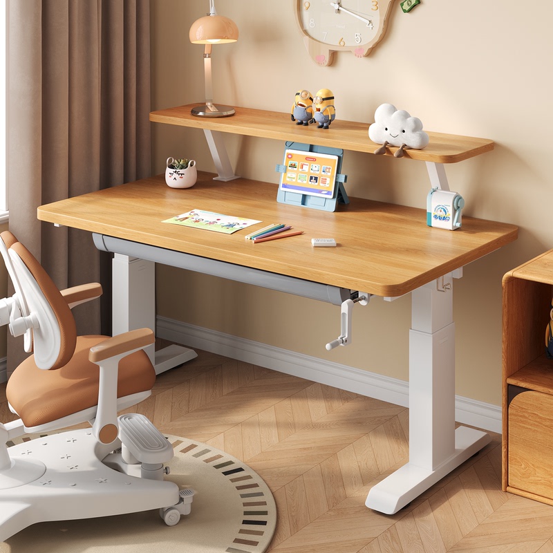 Children's Study Table, Hand-Cranked Adjustable Desk, Student Home-Use Solid Wood Writing Desk with Drawers, Adjustable Computer Desk