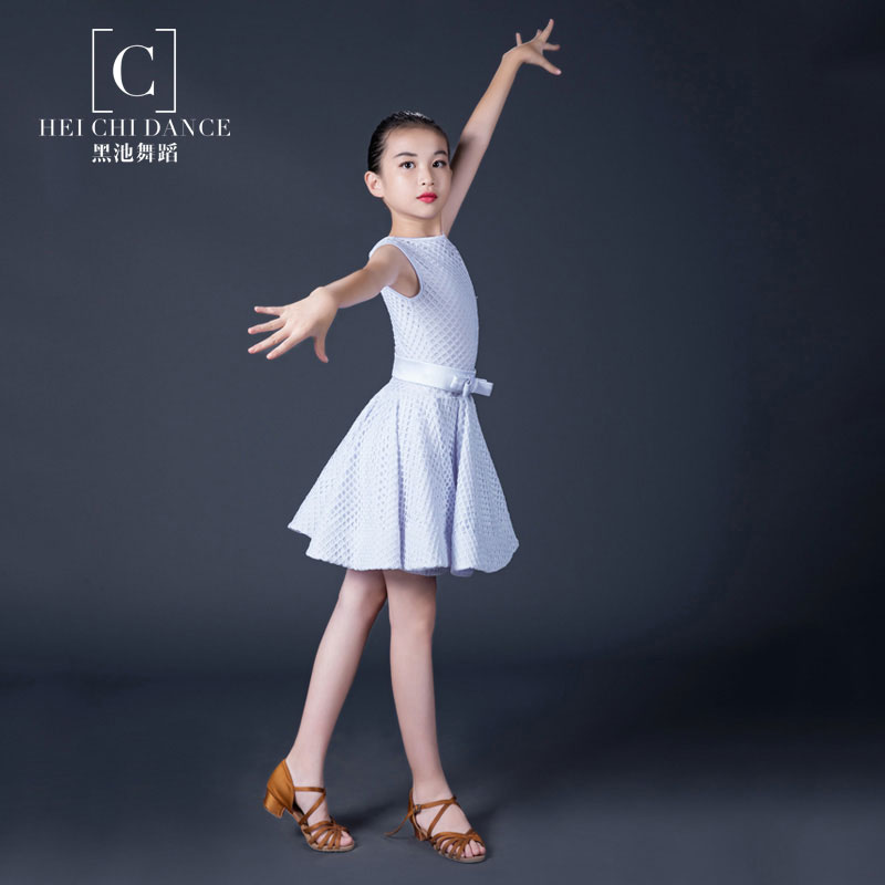Latin dance skirt children's boutique competition performance training clothes summer word collar sleeveless mesh dress GW18025