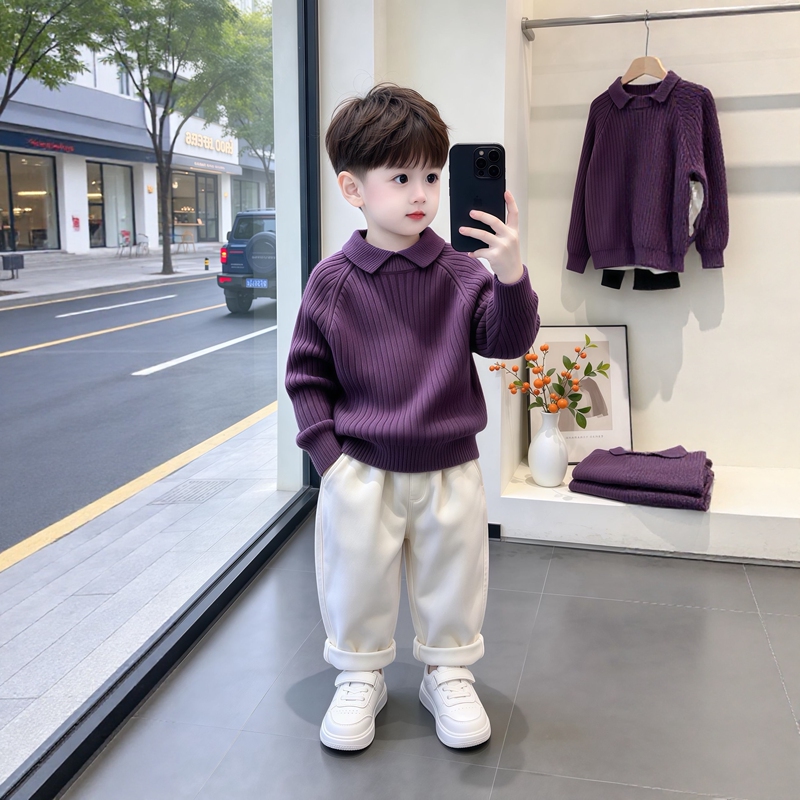 Children's Sweater Base Layer Korean Style Autumn and Winter Kids' Polo Shirt Collar Purple Inner Wear Soft Knit Top for Boys and Girls Children's Sweater Base Layer Korean Style Autumn and Winter Kids' Polo Shirt Collar Purple Inner Wear Soft Knit Top for Boys and Girls