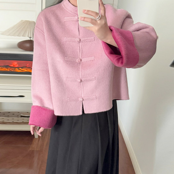 New Chinese style Chinese style pink buckle wool double-sided wool handmade coat short coat for women 2025 early spring new style
