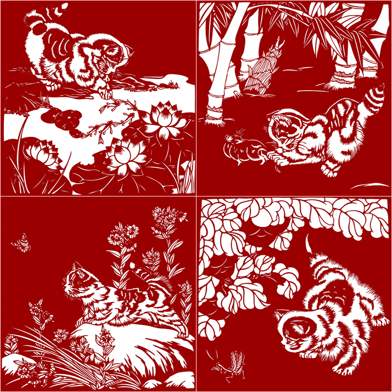 HN49 Zodiac Handmade Paper-Cut Kitten PlayIng Figure 4 Black and White Printed Bottoms Weixian Paper-cut Pattern Decorative Painting