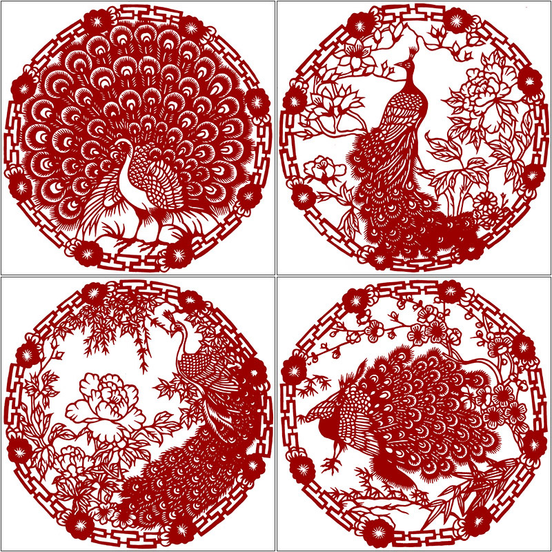 High-definition handmade paper engraving drawing material peacock four groups fan cut paper A4A3 printing bottom draft black and white photocopying and sending red paper