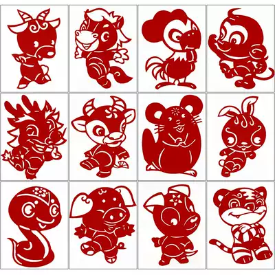 12 Chinese zodiac paper-cut pattern black and white print manuscript simple handmade cartoon zodiac paper carving pattern practice material