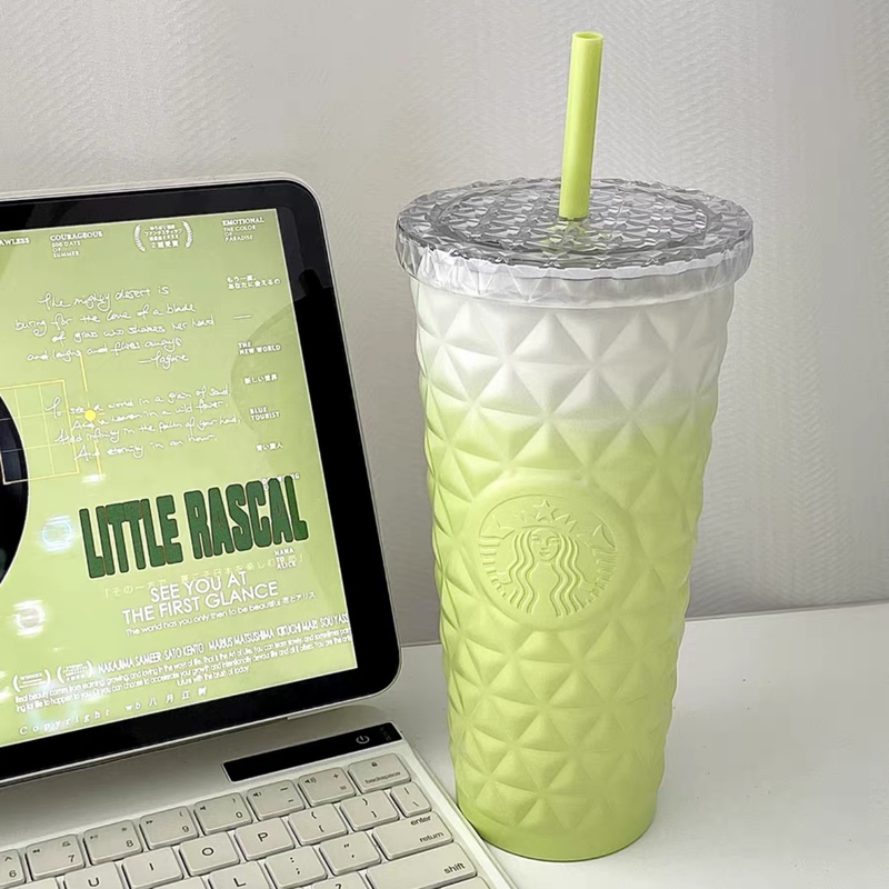 Starbucks Cup 591ml Fresh Green Diamond-Patterned Stainless Steel Straw Cup Gradient High-Value Gift for Men and Women