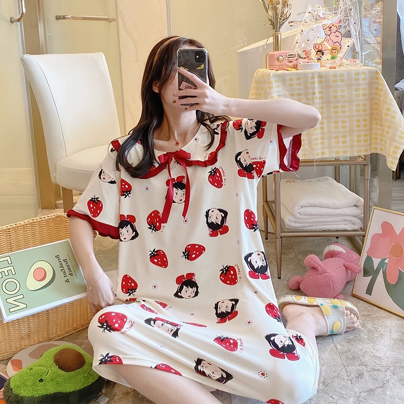 Váy ngủ của phụ nữ mùa hè cotton ngắn tay phần mỏng Phim hoạt hình Hàn Quốc dễ thương tươi mát đồ ngủ nữ rời dịch vụ tại nhà mùa hè - Đêm đầm