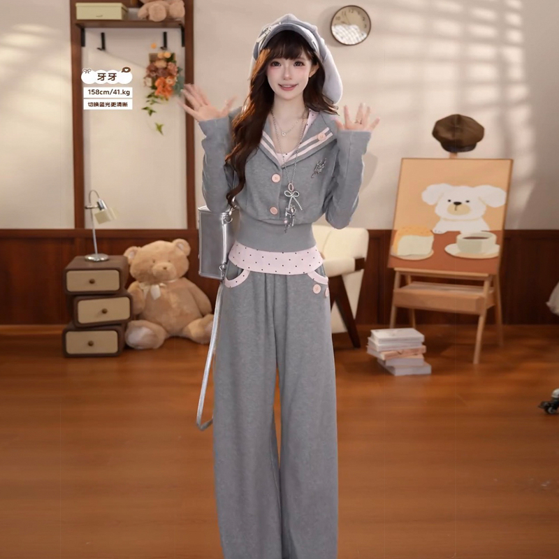 Platycodon House Seoul Pink Mist Casual Girly Sweatshirt Top Polka Dot Vest Wide-Leg Pants Set Platycodon House Seoul Pink Mist Casual Girly Sweatshirt Top Polka Dot Vest Wide-Leg Pants Set