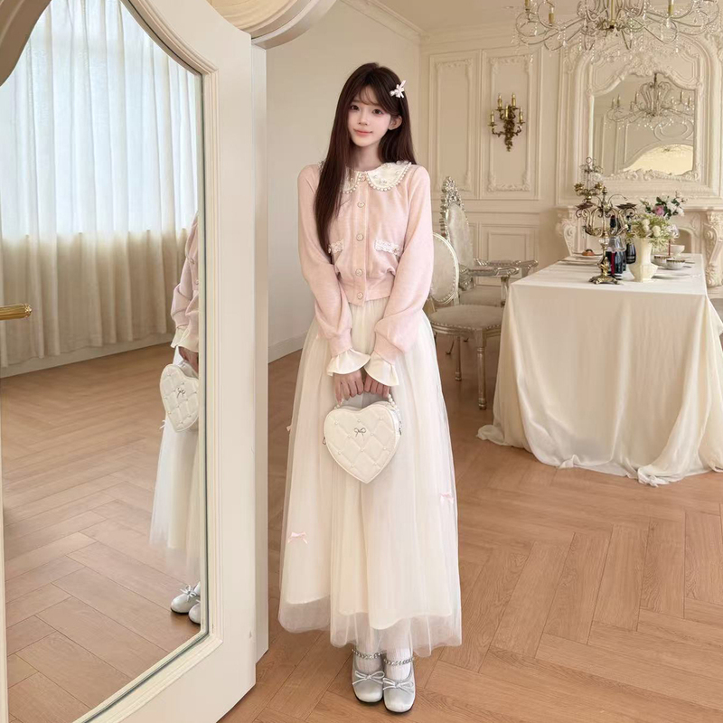 Platycodon House Peach Ballet Gentle Style Doll Collar Short Top Mesh Drape Long Skirt Set Platycodon House Peach Ballet Gentle Style Doll Collar Short Top Mesh Drape Long Skirt Set