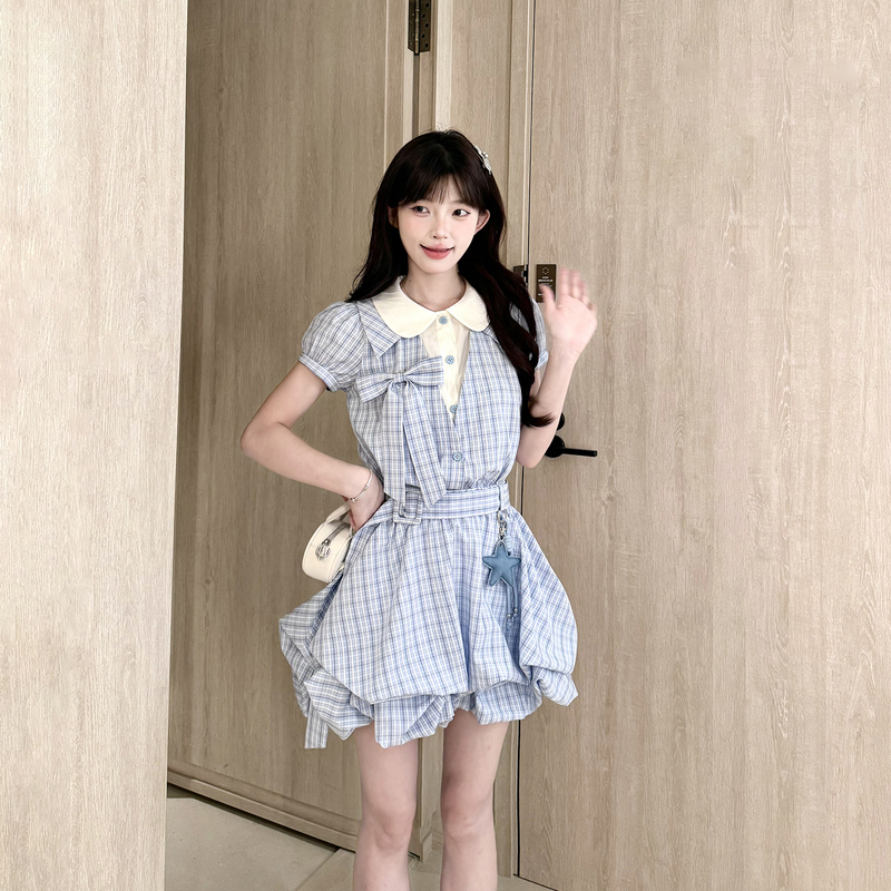 Platycodon House Ice Blue Milk Fleece Sweet Girly Style Patterned Doll Collar Asymmetrical Fake Two-Piece Dress