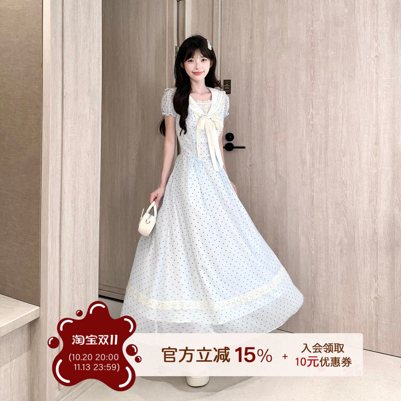 Platycodon House Light Blue Sea Sequence Fresh Blue Polka Dot Sailor Collar Long Dress Puff Sleeves Waist-Cinching Girl's Dress Platycodon House Light Blue Sea Sequence Fresh Blue Polka Dot Sailor Collar Long Dress Puff Sleeves Waist-Cinching Girl's Dress