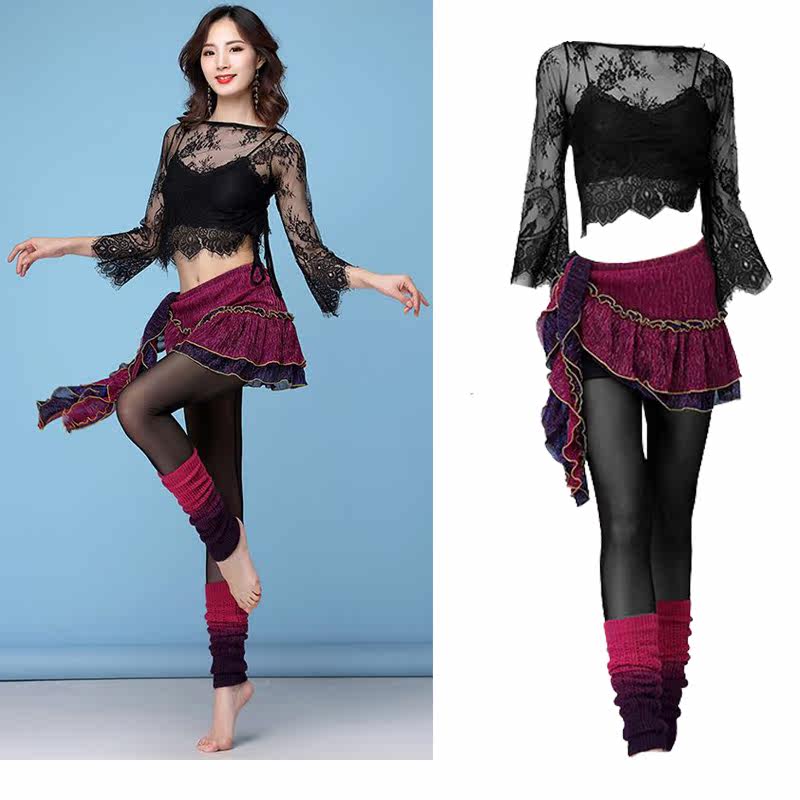 Belly dance hip towel waist towel clothing female beginner practice suit 2021 new spring and summer suit long-sleeved lower body skirt