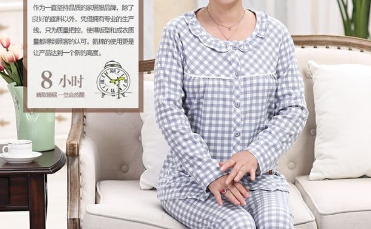 Bộ đồ ngủ cho phụ nữ tuổi trung niên cotton dài tay có thể mặc một bộ đồ phục vụ tại nhà mùa xuân và bộ đồ ngủ dành cho người lớn tuổi trung niên bộ đồ mặc nhà phong cách Hàn Quốc