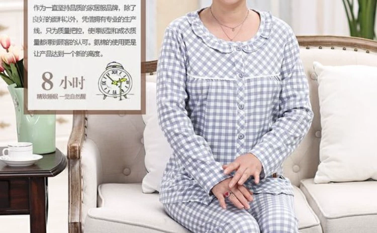 Bộ đồ ngủ cho phụ nữ tuổi trung niên cotton dài tay có thể mặc một bộ đồ phục vụ tại nhà mùa xuân và bộ đồ ngủ dành cho người lớn tuổi trung niên