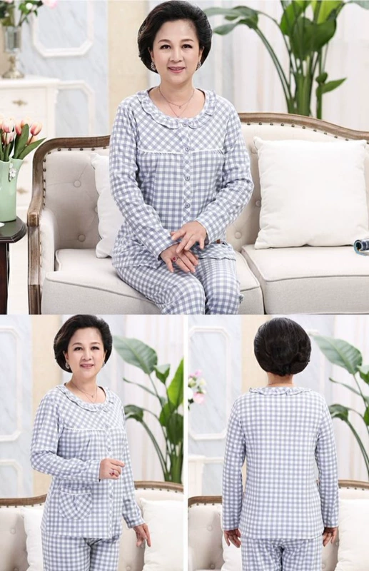 Bộ đồ ngủ cho phụ nữ tuổi trung niên cotton dài tay có thể mặc một bộ đồ phục vụ tại nhà mùa xuân và bộ đồ ngủ dành cho người lớn tuổi trung niên