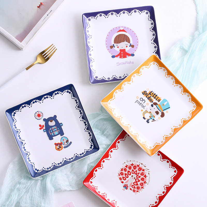 Cartoon square plate ceramic creative plate sushi plate household steak plate cake snack plate creative tableware